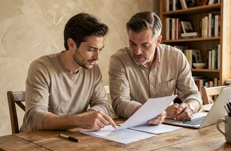 Couple examinant des documents de crédit immobilier à une table en bois dans un appartement moderne