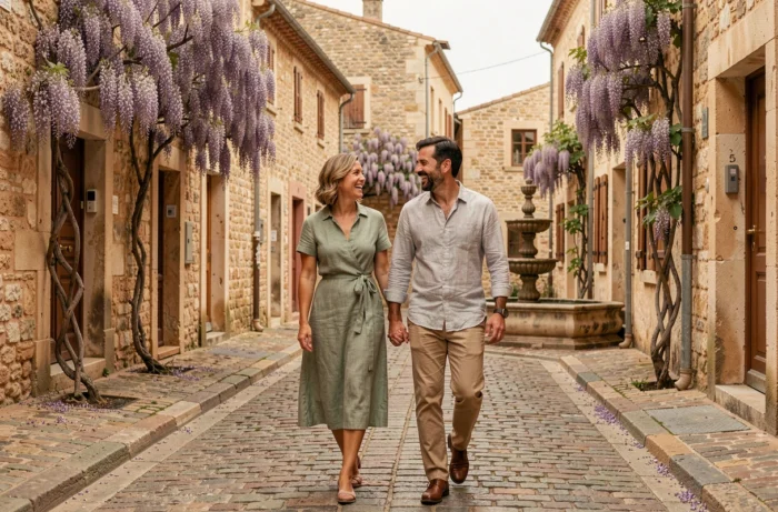 Couple discret se promenant dans un village provençal, ambiance romantique et naturelle évoquant un mariage secret en France