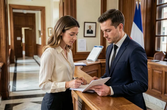 Couple déposant des documents pour un mariage en mairie auprès d'un agent administratif