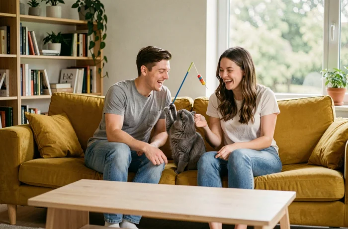 Jeune couple jouant avec un chat gris moelleux dans un salon scandinave, conseils pour bien accueillir son nouveau compagnon félin