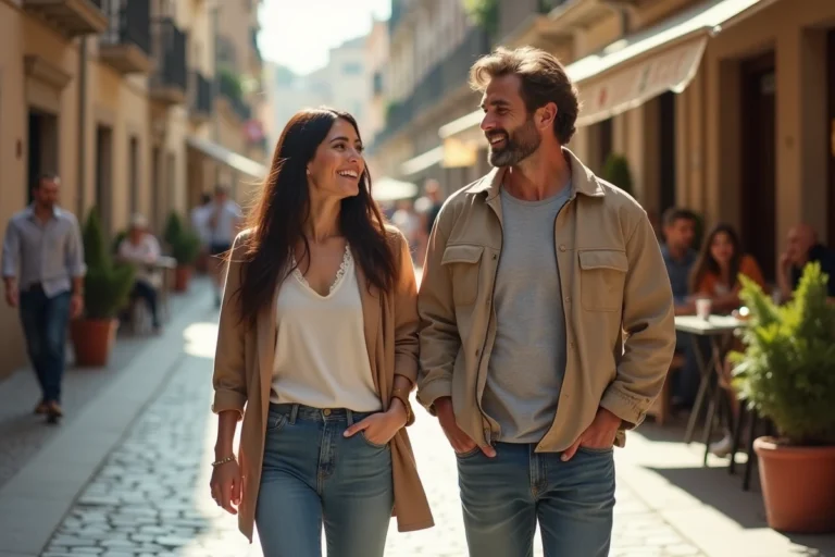 Un couple complice se promenant dans une rue pavée européenne, illustrant le portrait du compagnon de Caroline Munoz