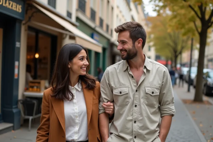 Couple se promenant sur une rue pavée parisienne bordée d'immeubles haussmanniens et de feuillage automnal, partageant une conversation complice