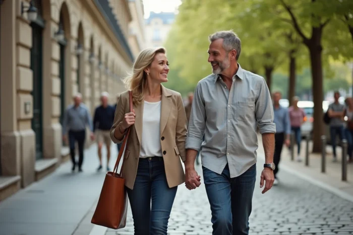 Couple élégant se promenant dans une rue parisienne typique aux façades haussmanniennes, ambiance de vie quotidienne