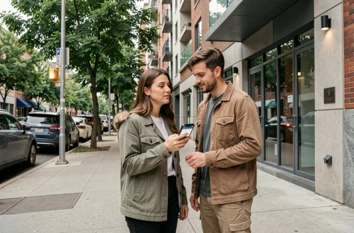 Couple visitant un appartement à louer dans un immeuble moderne en ville