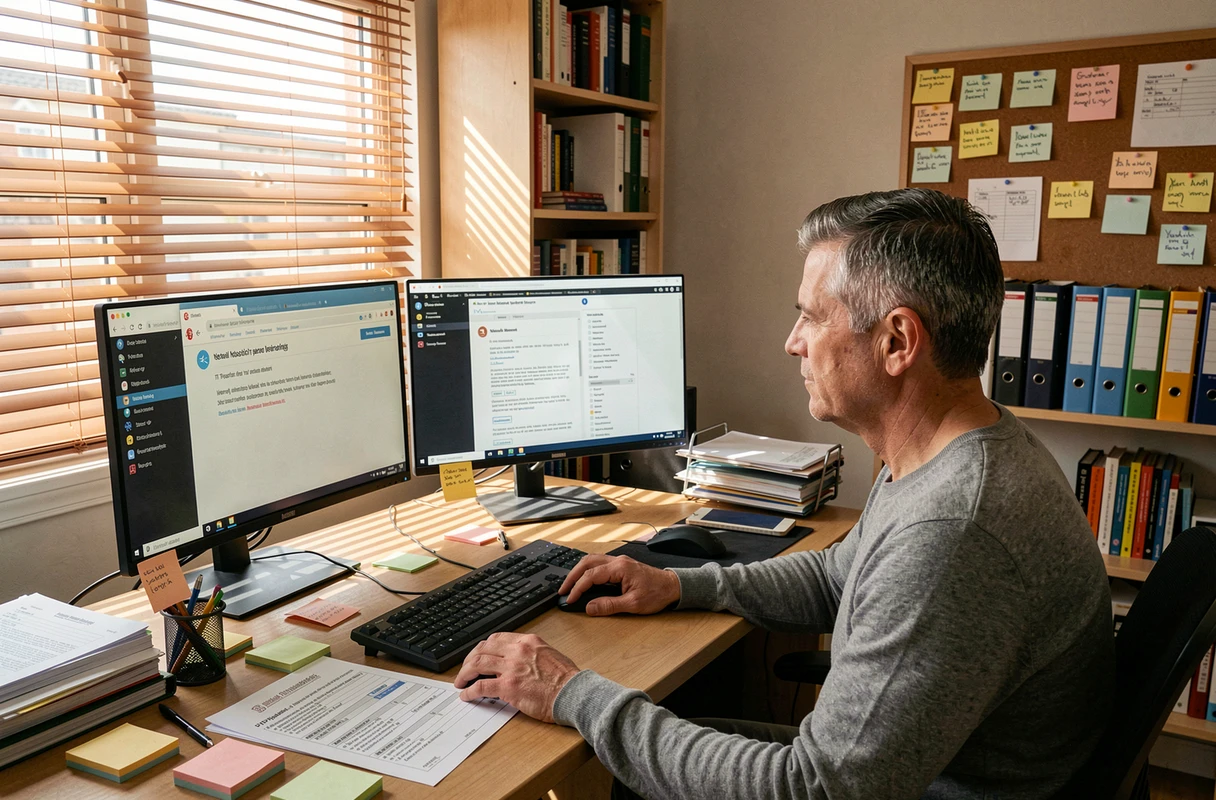 Homme en télétravail tentant de diagnostiquer un problème de connexion à son webmail depuis son bureau à domicile avec deux écrans