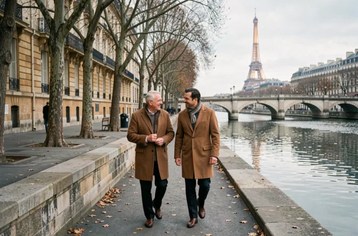 Deux hommes élégants se promenant sur les quais de la Seine à Paris en automne, image évoquant complicité et discrétion dans la vie privée