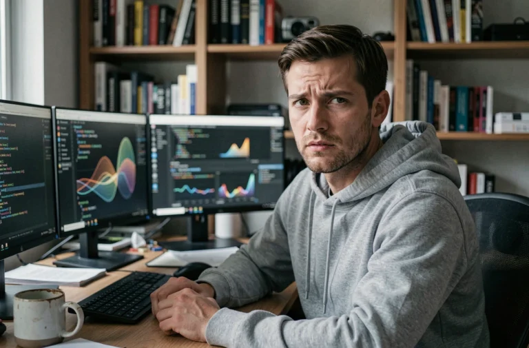 Développeur informatique devant des écrans affichant des interfaces de code floues, illustrant les technologies d'intelligence artificielle controversées