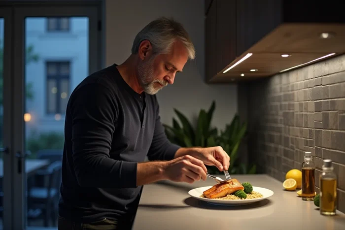 Homme plating un repas léger et équilibré de saumon grillé, quinoa et brocoli dans une cuisine moderne