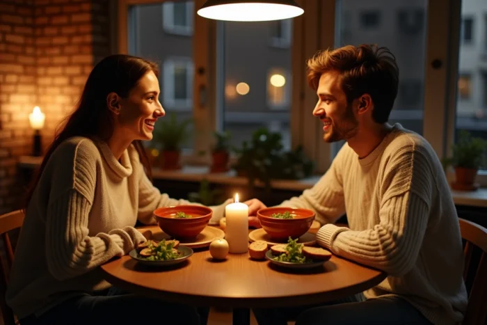 Couple partageant un dîner léger et sain de soupe de légumes et pain complet dans un appartement chaleureux