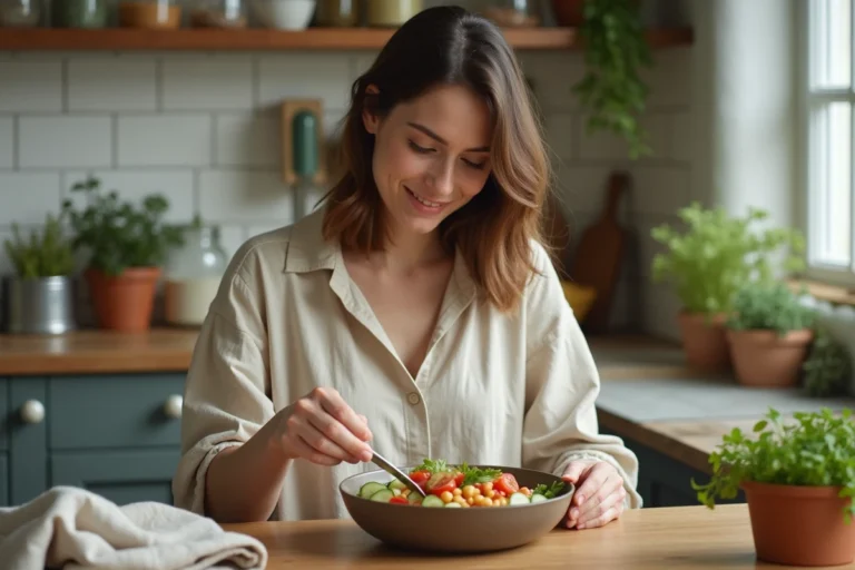 Femme préparant une salade équilibrée et colorée avec légumes et pois chiches dans une cuisine chaleureuse