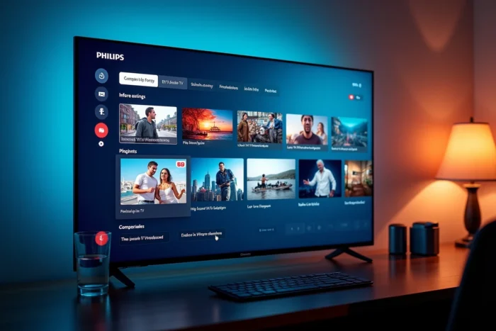 Écran de télévision Philips affichant une interface de sélection de chaînes IPTV