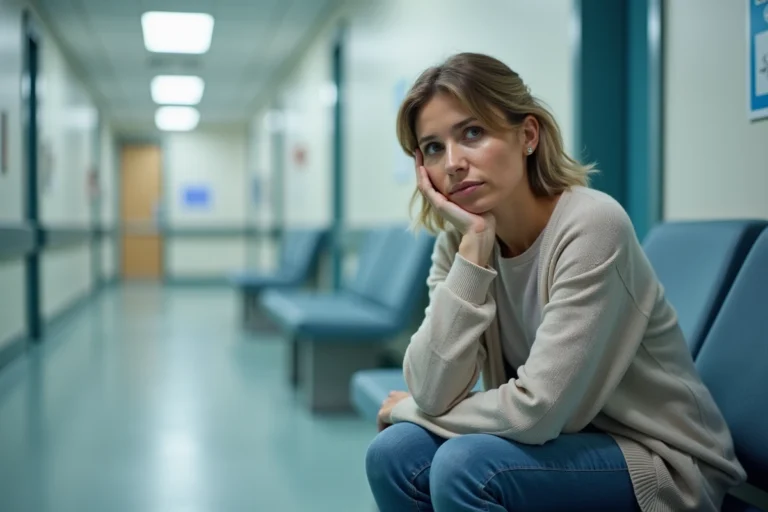 Femme fatiguée assise dans une salle d'attente après un examen IRM, tenant sa tête dans la main dans un couloir hospitalier