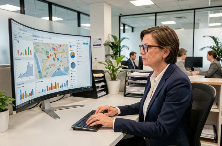 Employée municipale consultant un tableau de bord numérique dans un bureau de mairie moderne en 2024