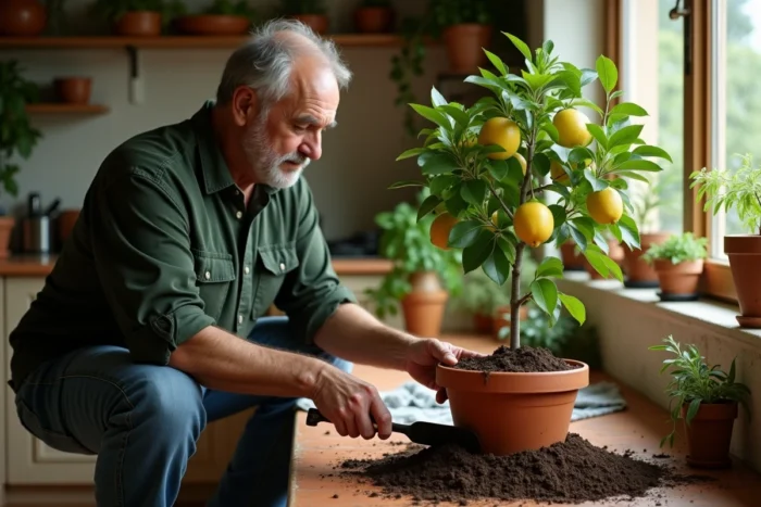 Homme entretenant le sol d'un citronnier en pot dans une cuisine rustique