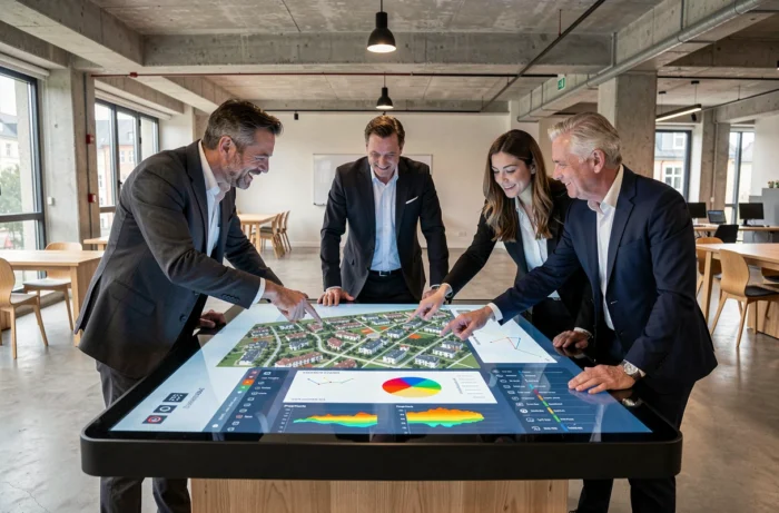 Équipe de professionnels analysant des données immobilières via une technologie PropTech dans un hub d'innovation luxembourgeois