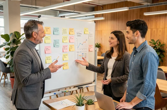 Équipe multiculturelle en réunion debout autour d'un tableau blanc dans un espace de coworking moderne, tendances professionnelles 2024