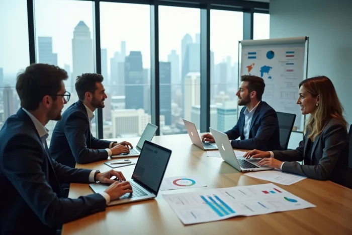 Équipe professionnelle réunie en salle de réunion autour d'outils numériques pour planifier la transformation digitale de leur entreprise