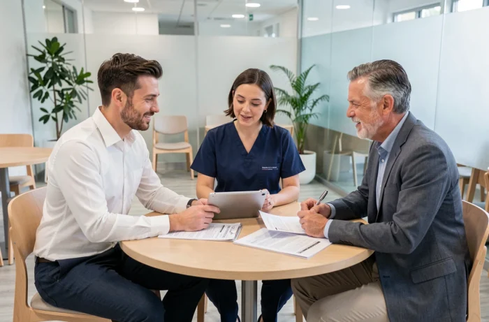 Équipe dédiée à la santé et au bien-être en réunion collaborative dans un centre médical moderne