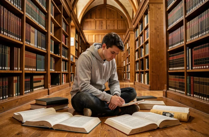 Étudiant en philosophie entouré de livres dans une bibliothèque universitaire préparant une dissertation sur le bonheur