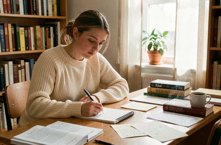 Étudiante en philosophie rédigeant une dissertation sur le bonheur à son bureau avec des livres et des notes manuscrites