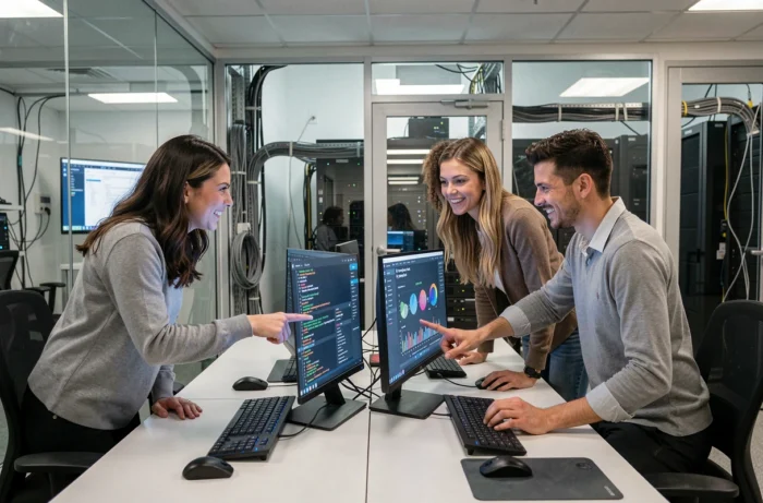 Trois professionnels collaborent autour d'une station de travail moderne affichant du code et des tableaux de bord de données dans un laboratoire informatique contemporain