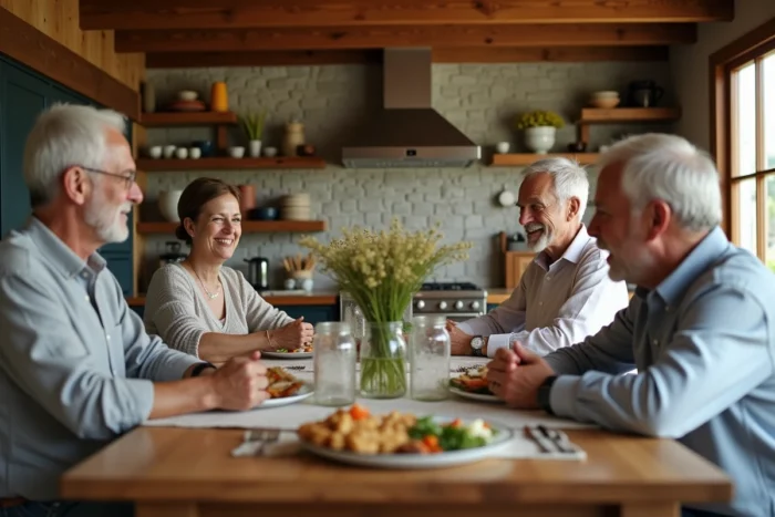 Famille réunie autour d'une grande table de ferme pour un repas convivial, illustrant les liens familiaux de Little People Big World
