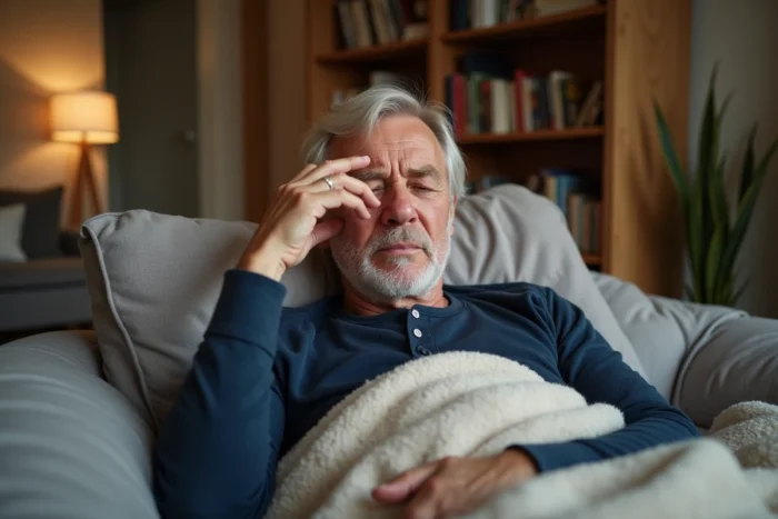 Homme âgé allongé sur un canapé ressentant de la fatigue après la deuxième dose du vaccin contre le zona