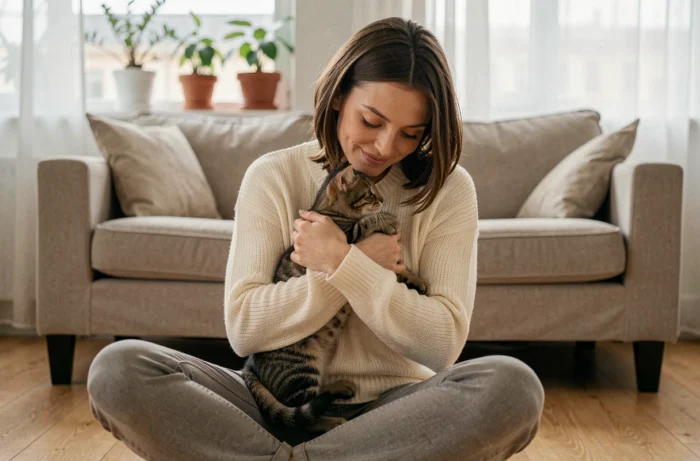 Femme tenant tendrement un chaton tigré contre elle dans un appartement cosy, illustrant l'adoption d'un chat