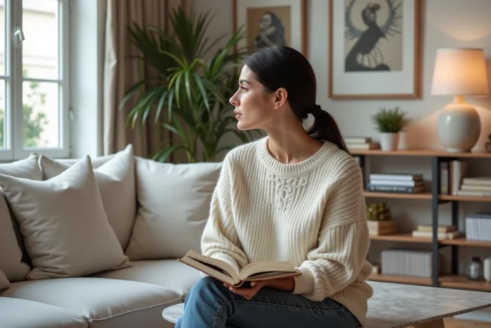 Femme élégante aux cheveux sombres relevés, assise sur un canapé en lin dans un appartement parisien, pensivepar la fenêtre avec un livre ouvert sur les genoux