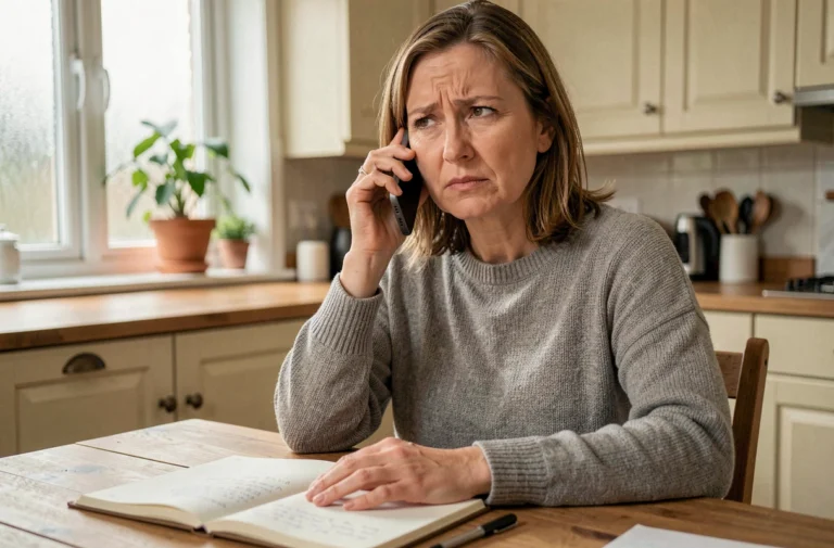 Femme au foyer frustrée tentant de joindre la CPAM par téléphone au 3646 depuis sa cuisine