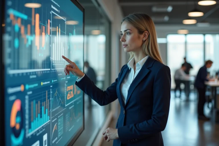 Femme cadre en entreprise interagissant avec un tableau de bord numérique dans un open space moderne, illustrant la digitalisation des processus métier