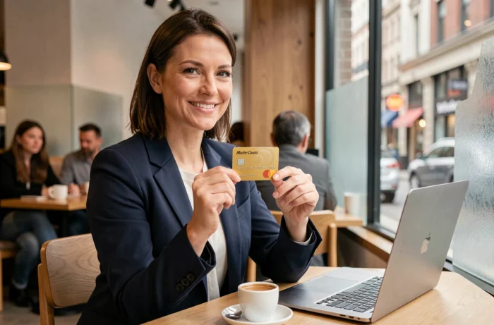Femme professionnelle tenant une carte Gold Mastercard Crédit Agricole dans un café moderne