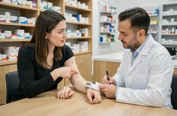 Femme montrant sa cicatrice de vaccination à un pharmacien lors d'une consultation dans une pharmacie moderne