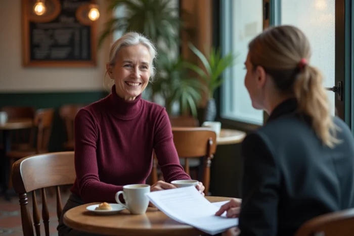 Femme d'une cinquantaine d'années en entretien avec un coach de carrière dans un café pour préparer sa reconversion professionnelle