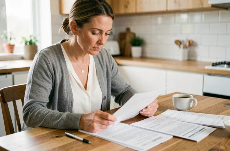 Femme comparant des documents de mutuelle santé à sa table de cuisine, stylo à la main et expression concentrée