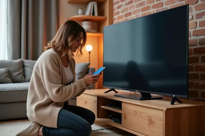 Femme configurant une connexion HDMI sur une télévision Philips pour accéder à l'IPTV