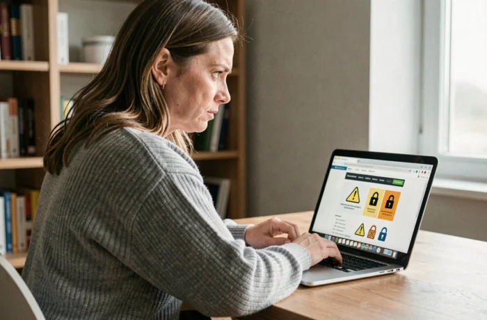 Femme sceptique devant un ordinateur portable affichant un site internet suspect avec des icônes d'avertissement
