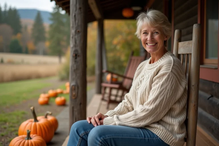 Femme souriante sur le porche d'une ferme rustique en automne, évoquant la vie familiale rurale de Little People Big World