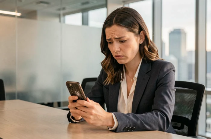 Femme professionnelle tenant un smartphone avec une expression inquiète, symbolisant les dérives éthiques des applications de manipulation d'images