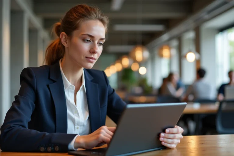Jeune femme française consultant une plateforme d'innovation et de tendances sur tablette dans un espace de co-working parisien moderne
