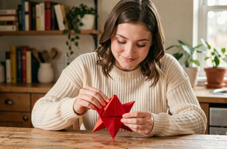 Jeune femme pliant une cocotte en papier rouge à une table en bois rustique dans une cuisine chaleureuse