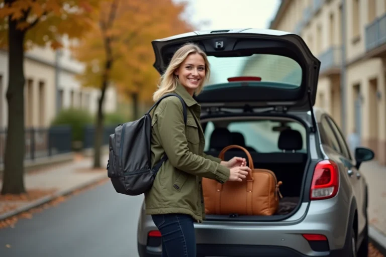 Femme préparant son trajet Blablacar en chargeant ses bagages dans le coffre d'une voiture en milieu urbain