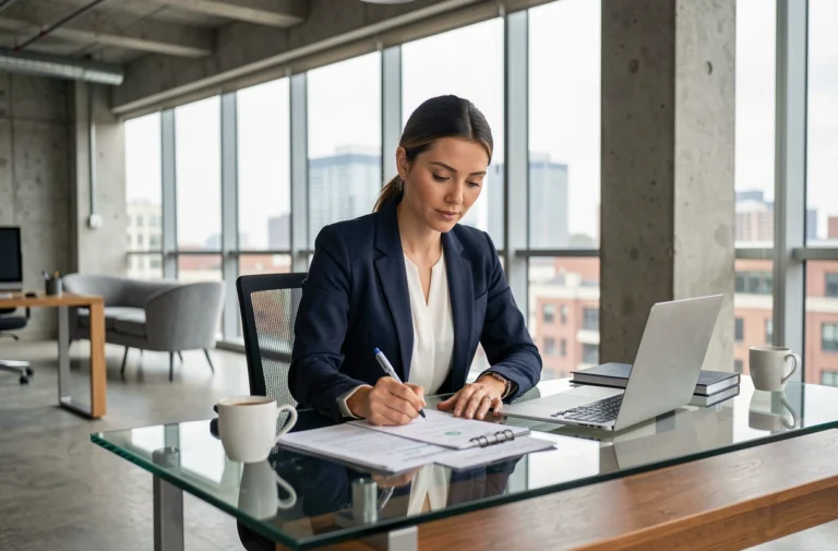 Femme professionnelle consultant des documents dans un bureau moderne en 2024, illustrant les tendances de l'actualité professionnelle