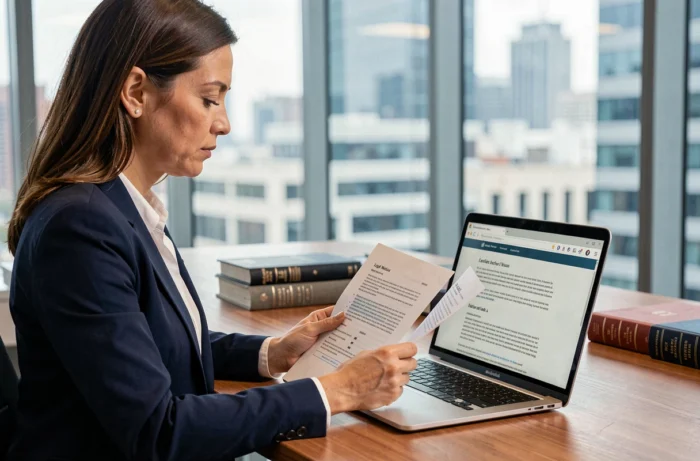 Femme professionnelle en blazer marine révisant les mentions légales d'un site web sur son ordinateur portable dans un bureau moderne