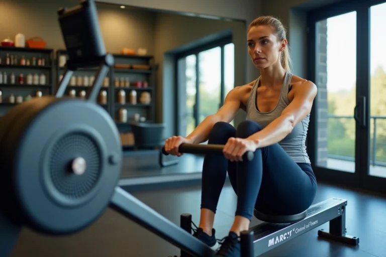 Femme utilisant un rameur Marcy dans une salle de sport à domicile