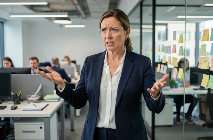 Femme en réunion professionnelle exprimant une réaction émotionnelle vive, illustrant le comportement soupe au lait en milieu de travail