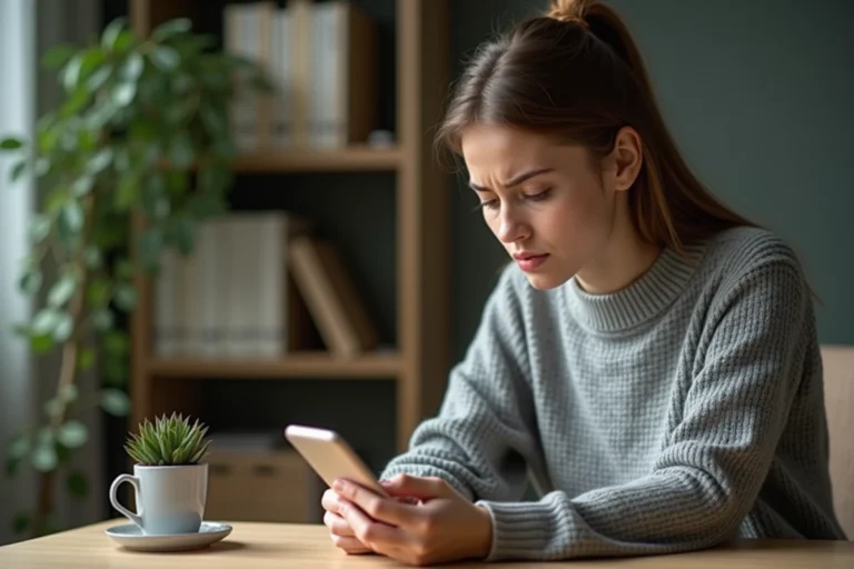 Jeune femme confuse cherchant un compte Instagram sur son smartphone après un changement de pseudo