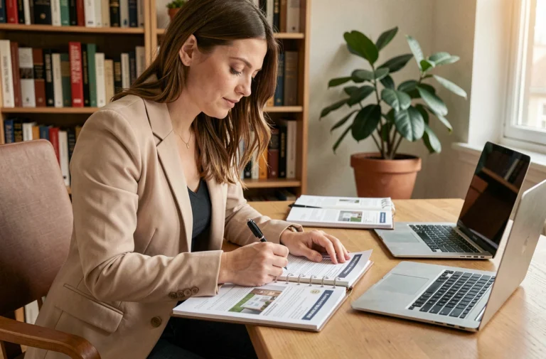 Femme consultant des annonces immobilières et prenant des notes pour trouver un bien à louer