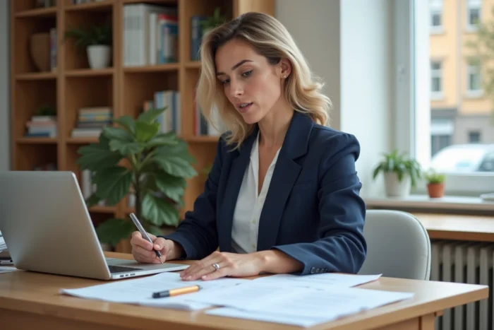 Femme en reconversion professionnelle planifiant sa nouvelle carrière à son bureau à domicile avec des documents et un ordinateur portable