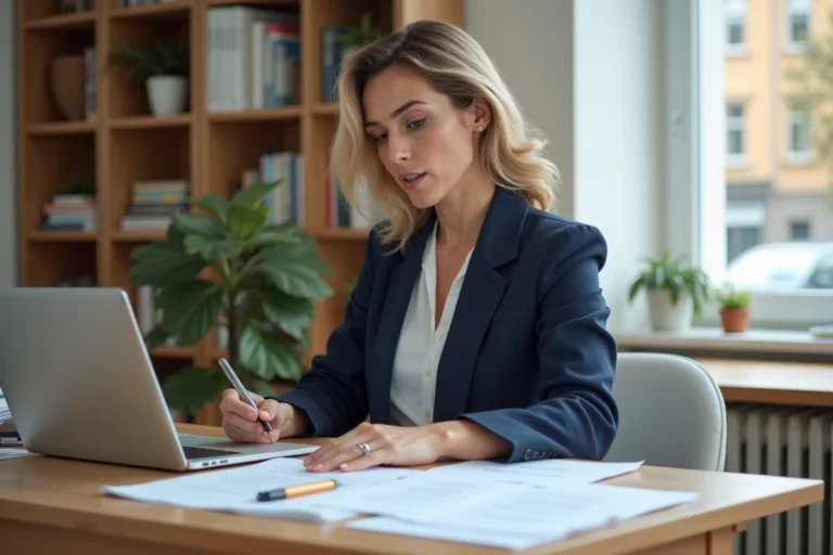 Femme en reconversion professionnelle planifiant sa nouvelle carrière à son bureau à domicile avec des documents et un ordinateur portable